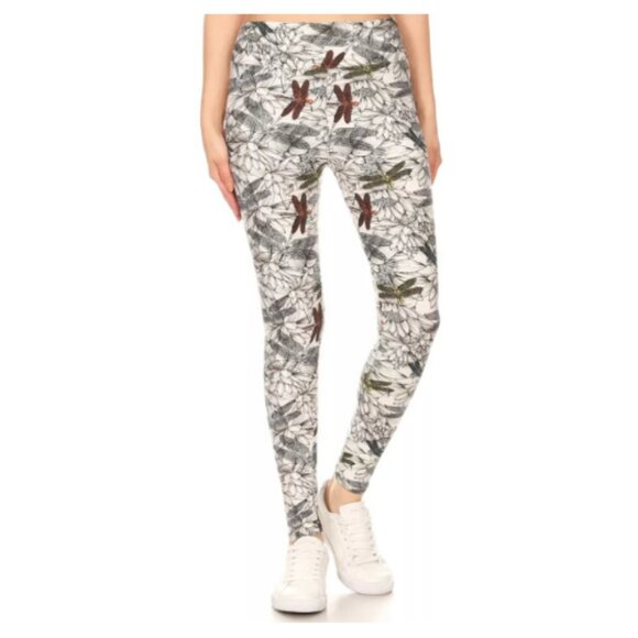 Dragonfly Print Yoga Style Women's Slim Fit Leggings, High Waist, ONE SIZE - Picture 2 of 4